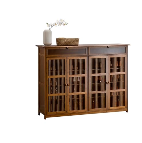 Armoire à Chaussures en Bambou, Armoire à Chaussures de 4 étages de Style Chinois, tiroir à clapet, 4 Portes Creuses, Rangement Chaussure avec Étagères,...