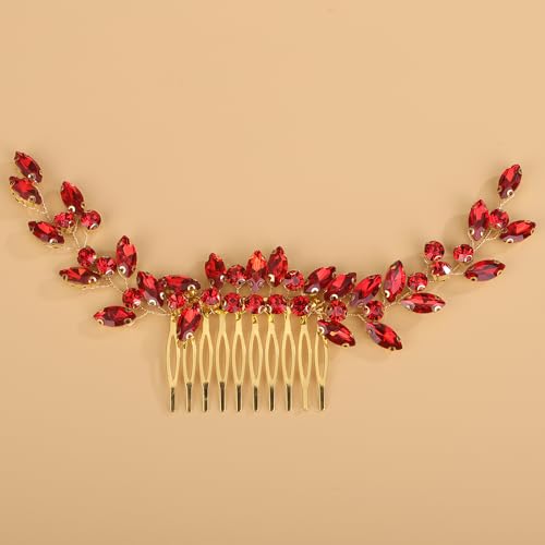 BERYUAN Bridal Full Rhinestone Hair Comb Teardrop Rhinestone Bridal Headpiece Crystal Rhinestone Hair Comb Silver Gold Wedding Hairpiece for Brides Bridesmaid (red)