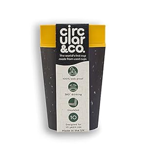 Circular and Co Lekvrije herbruikbare koffiebeker 8oz/227ml – ’s werelds eerste reismok gemaakt van gerecyclede kopjes, 100% lekvrij, duurzaam en geïsoleerd. (zwart en elektrische mosterd)