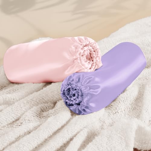 Image of Entisn 28x52 Satin Fitted Crib Sheet 2 Pack, Baby Pink and Light Purple | 8-Inch Deep Pocket Snug Fit, Silky Satin Protects Hair And Skin, No-Slip Reinforced Edges, Machine Washable Fade-Resistant