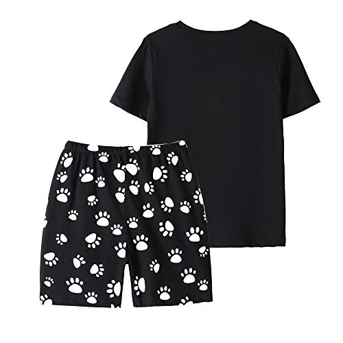 Vopmocld Big Girls Summer Short Sleeve Pajama Sets Cute Cat Patterns Sleepwear Nighty 100% Cotton, Black, 8 Years #TOP2