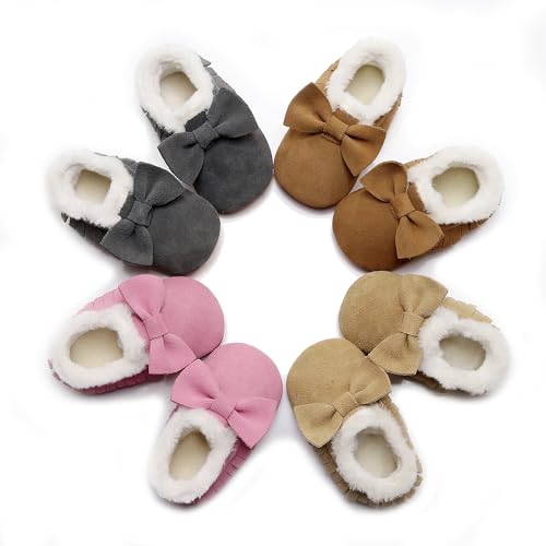 HONGTEYA Baby Moccasins with Fur Fleece Rubber Soles Warm Snow Boots Leather Baby Shoes for Boys Girls…4