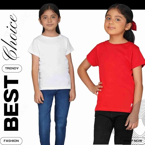 Image of Kids Round Neck T-Shirt Half Sleeves 100% Cotton Rich Soft Comfortable Fit Stylish Plain Color 1+1 Combo Original Brand Tshirt for Girls