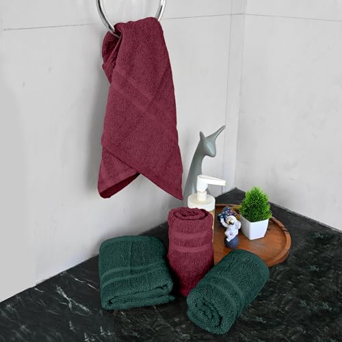 Image of Divine Casa Cotton Hand Towels Pack of 4 Maroon & Green, 550 GSM Ultra Soft & Highly Absorbent Thick Bathroom Towels, 60 x 40 cm