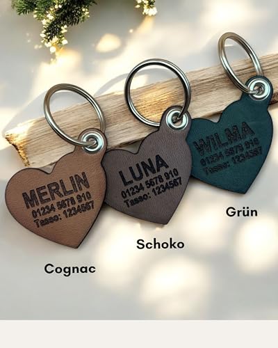 Hundemarke mit Gravur - Personalisiert – Geräuschlos - aus Leder (Cognac)