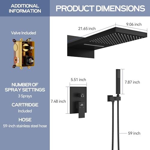 CASAINC Ducha de 22 pulgadas con cobertura grande, tipo cascada y lluvia, sistema de ducha de pared acabado negro mate miniatura 7