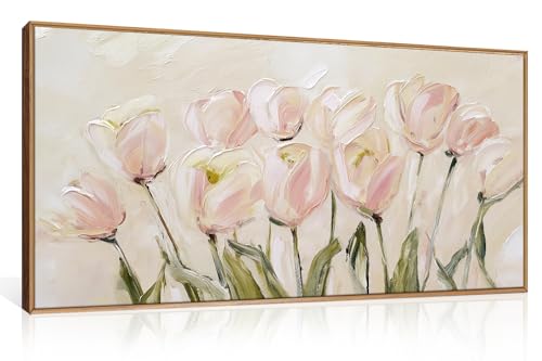 CHDITB Tulip Floral Framed Canvas Wall Art, 20'X40' Watercolor Flower Pink Tulip Textured Oil Painting, Modern Wildflower Wall Decor, Large Pink Floral Artwork for Living Room, Bedroom, Office