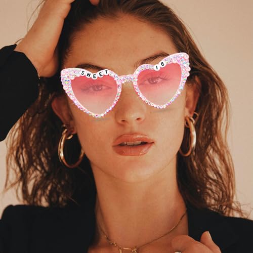 Birthday Sunglasses for Women, Pink Sweet 16 Birthday Glasses Heart Shaped 16th Outfit Decorations for Girl Party Gifts4