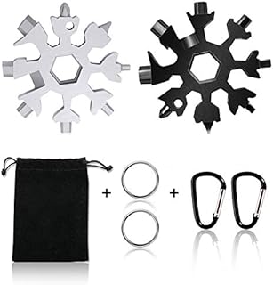 Snowflake Multi Tool, Vakki 2 PCS 18-in-1 Stainless Steel Portable Snowflake Wrench Hexagon Wrench Screwdriver, Allen Wrench,Bottle Opener with Carabiner Clip, Key Ring and Storage Bag(Black&Silver)