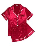 Ekouaer Womens Pajamas Sets Silk Satin Pjs Short Sleeve Button Up Sleepwear Top and Shorts 2 Piece Lounge Wear Set,Red,S