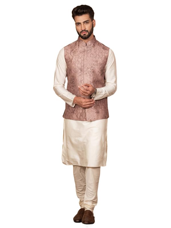 Kisah Men's Kurta Jacket Churidar Set, Brown Cotton Blend, Woven Design Long Sleeves Regular Fit Mandarin Collar (Large)