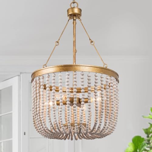 GEPOW Antique Gold Chandelier, Coastal Wood Bead Chandelier, 4-Light Boho Dining Room Hanging...