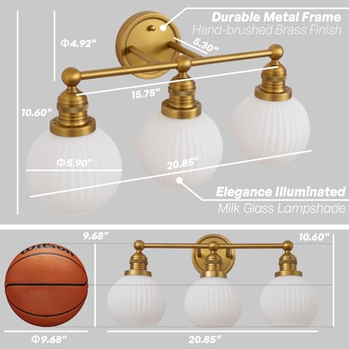 Image of 3-Lights Bathroom Light Fixtures, Vintage Milk White Glass | Hardwired Gold Wall Mounted Lamp for Bathroom Mirror to Elevate Decor & Refresh Older Home's Look,DIY-friendly,UL,E26