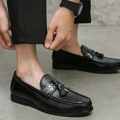 Men's Leather Tassel Decorated Low Heel Formal Loafers Retro Round Toe Printed Non-Slip Slip-On Business Flat Moccasin Shoes4