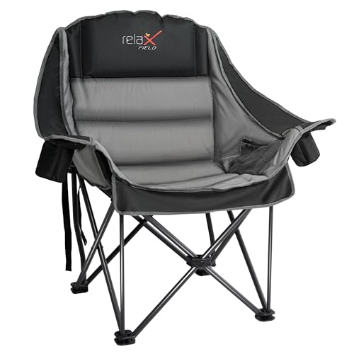RELAX FIELD Oversized Camping Chair for Adults Thick Padded Comfort Folding Fishing Chair 227KG with Cup Holder for Outdoor Garden Sport Beach Camp Black