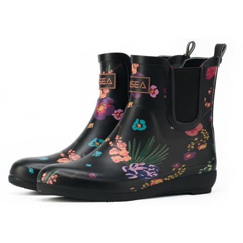 Top 10 Best Rubber Shoes for Ladies: Stylish & Comfy 15 HISEA Rubber Rain Boots for Women Fashion Waterproof Chelsea Boots Short Ankle Garden Shoes Wedge Heel Anti-Slipping Rainboots for Ladies Outdoor Work Booties with Comfort Insole, Size 8 Black Floral