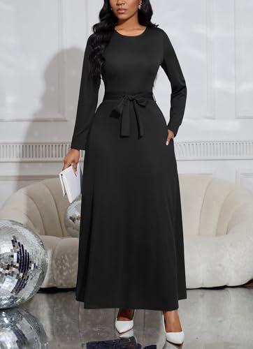 Image of BubFee Long Dress for Women Casual Long Sleeve Dresses Maxi Dress Empire Waist Loose with Belt