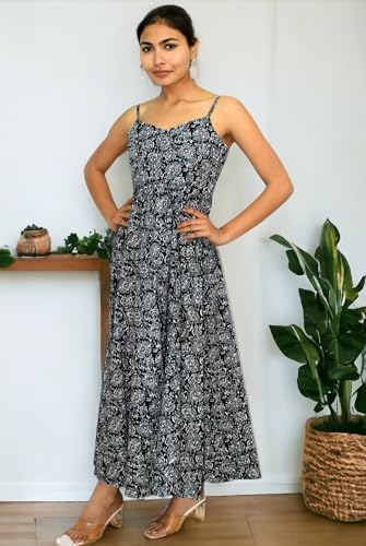 Image of JAIPUR HAND BLOCK Cotton Sleeveless Long Flared A Line Dress|Gown (S00063)