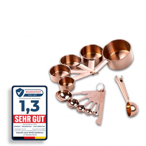 Edelstahl Messbecher & Löffel 12er-Set, inkl. 5 ineinander stapelbaren Metall-Messbecher, 5 Messlöffel mit Messlineal, Küchenhelfer zum Kochen & Backen,Dosierlöffel, Measuring cups (Roségold)