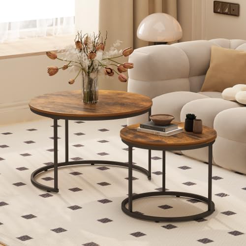 Nesting Coffee Table Set of 2, 27.6 inch Round Side Tables Coffee Table with Wood Marble Pattern Top Sturdy Metal Frame, End Table for Living Room Bedroom Balcony Yard (Rustic Brown + Black)