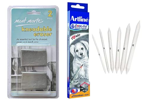 PERFECT CHOICE Artline 6 Love Art Sketch Pencils (Set of 6 Pencils) + Kneadable Erasers 2pcs + Blending Stumps (6 PCS) and Tortillions Paper Art Blenders for Artist Charcoal Sketch Drawing Tools