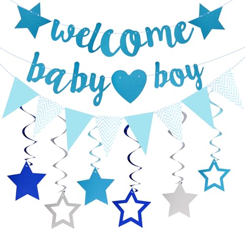 Kit de décoration de bienvenue pour bébé - Bleu - Bannière et guirlande en papier étoile suspendue - Décoration de fête de genre