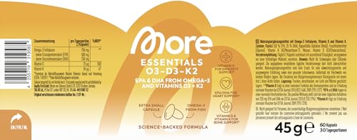 MORE Essentials O3-D3-K2, 60 Fischöl Kapseln mit 500mg EPA & 250mg DHA pro Tag, Vitamin D3 & Vitamin K2, Kapselhülle aus Rindergelatine 3