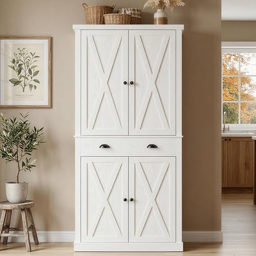 IRONCK Tall Kitchen Pantry Cupboard 184.5cm Freestanding Storage Cabinet with Barn Doors Drawer 3 Adjustable Shelves for Dining Living Room White