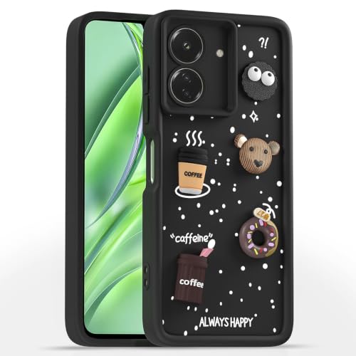 Image of Bintage Cute Fun Ball | Taddy Cartoon 3D Smiley Coffee Cup | Milk Donut | Full Camera Protection Back Cover Compatible for Poco C65 - Black