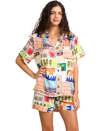 Image of YiNi LuLu Womens Silk Satin Shorts Pajamas Set Button Down 2 Piece Pjs Short Sleeve Oversized Sleepwear with Pockets
