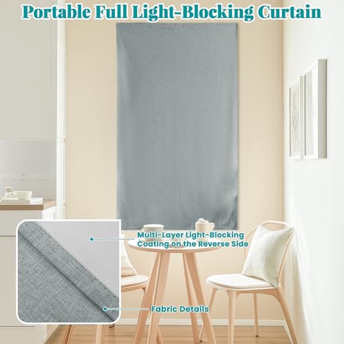 Image of 100% Blackout Magic Tape Stick On Curtains Window Shades Pull Down Blackout Window Cover No Drillng Self Adhesive Curtains No Rod Small Windows, W35 x L60 inch, 1 Panel, Light Grey