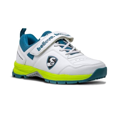 Image of SG Century 6.0 Rubber Spikes Cricket Shoes, White /Sea Green /F.Green - 7 UK