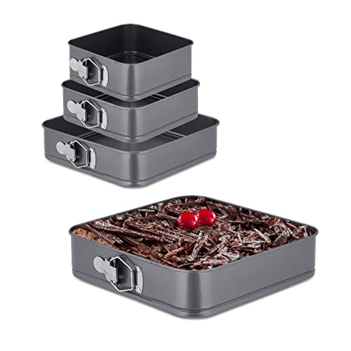 Relaxdays Springform Set 4-teilig, 18, 20, 26, 28 cm, Edelstahl, Antihaftbeschichtung, Backformen quadratisch, anthrazit