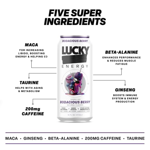 Lucky Energy Sugar Free Energy Drinks, Bodacious Berry, 16oz Cans (12-Pack) Healthy, Zero Sugar Energy Drink with Maca, Ginseng, Beta-Alanine, Taurine & 200mg Caffeine