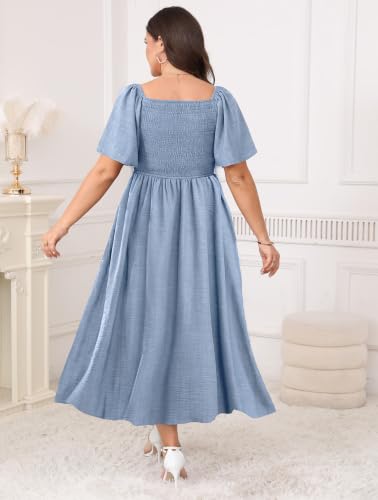 Image of Plus Size Casual Maxi Boho Dress for Curvy Women Short Sleeve Square Neck Smocked Summer Beach Dresses Button Down