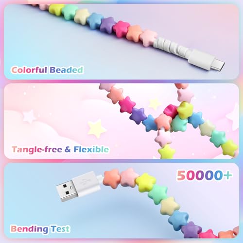 Aolcev USB C Cable for iPhone Charging Cord 3.3FT Cute Beaded USB Type C Charger Cord 66W Fast Star USB A to USB C Phone Charger Cable for iPhone 17 16 15 Pro Max Plus Galaxy S25 S24 Colorful Stars