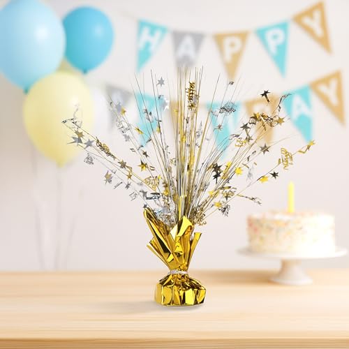 Image of Canlierr 6 Pcs Metallic Foil Spray Centerpiece Party Happy Birthday Gold and Silver Small Star Table Decorations Burst Centerpieces with Emerald Willow Suitable for Birthday Party Season Holiday