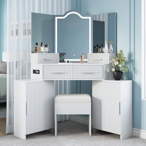 Image of FURSUN Fluted Makeup Vanity Desk with HD 3 Way Mirror and Lights, 51 inch Large Corner Vanity Table with Charging Station, Dressing Table with 4 Drawers & 2 Storage Cabinets for Bedroom, White