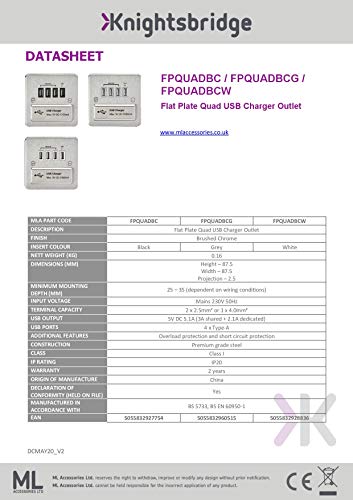 Knightsbridge FPQUADBCW FPQUAD FPAVQUADBCW Flat Plate 1G Quad USB Charger Outlet 5V Dc 5.1A-Brushed Chrome White Insert - Image 2