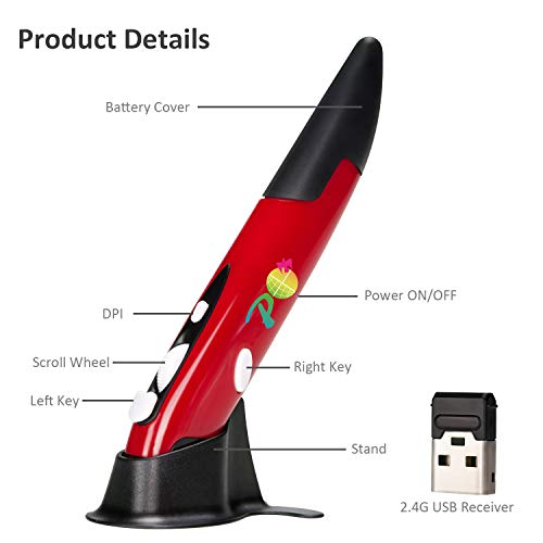 Wireless Optical Pocket Pen Mouse,Promi 2.4 Ghz Usb 3.0 Wireless Optical 2-In-1 Digital Pen Mouse & Adjustable 800/1200/1600 Dpi,Ergonomic Mouse For Macbook Notebook Desktop (Red) #TOP2