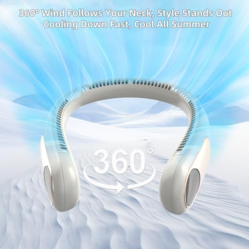 Image of Portable Neck Fan, Personal Wearable Bladeless Fan for Outdoor Indoor, LED Display, 360 Cooling, 4-Speeds, 6000mAh USB Rechargeable, Birthday Gifts for Men Women Dad Mom (off-white)