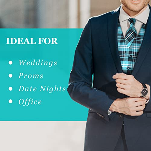 Oliver George Men's 4pc Plaid Design Formal Waistcoat Tuxedo Dress Vest NeckTie Bowtie Handkerchief Set For Suit or Tuxedo4