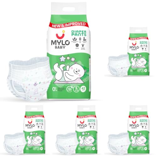 Image of Mylo Baby Diaper Pants Small (S) Size 4-8 kgs (42 count) Leak Proof | Lightweight | Rash Free | Upto12 Hours Protection | ADL Technology | with Aloe Vera Lotion (Pack of 5)