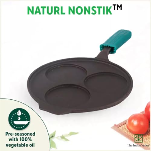 Image of The Indus Valley Pre-Seasoned Cast Iron Uttapam Tawa with Silicone Grip | 3 Pit, 23cm /9 inch, 1.6kg | Induction Friendly | Naturally Nonstick, 100% Pure & Toxin-Free, No Chemical Coating
