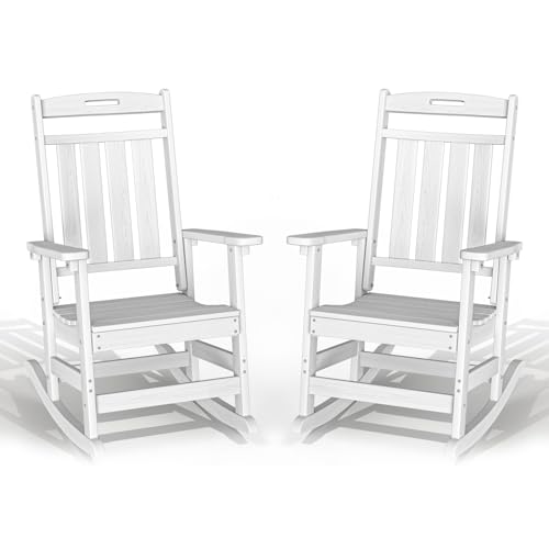 Oversized Outdoor Rocking Chairs 2 Pack - All-Weather HDPE Heavy Duty Patio Rockers with High Back - Modern Style for Porch, Garden - White White 2 PCS