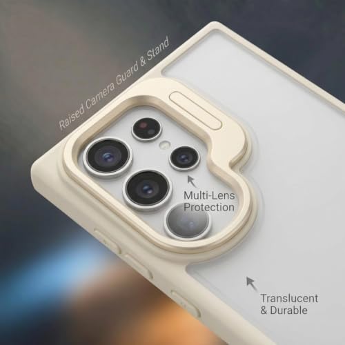 Image of amazon basics Frosted Matte Case for Samsung Galaxy S23 Ultra 5G | Built-in Flip-Out Camera Lens Stand | Translucent Back with Contrast White Bumper | Foldable Kickstand