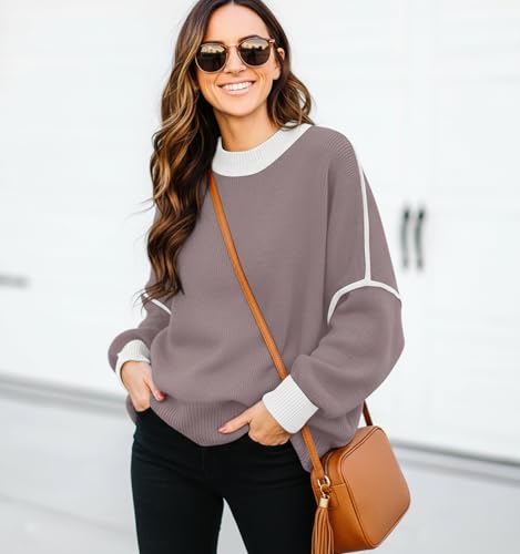 Image of Womens Oversized Sweaters Fall 2026 Fashion Clothes Colorblock Knit Tops | ETCYY Striped Sweaters For Women Trendy,Batwing Sleeve Oversized Sweater Pullover Tops,Cute,Spring Winter Fall Outfits