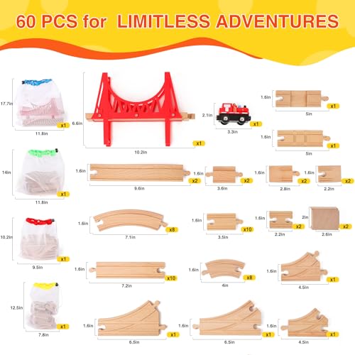 WudBudz Wooden Train Tracks 60 Piece Set, Track Expansion Accessories for Toddlers 3-5 - 100% Compatible with All Major Brands Including Thomas & Brio Wooden Railway System - Thumbnail 4