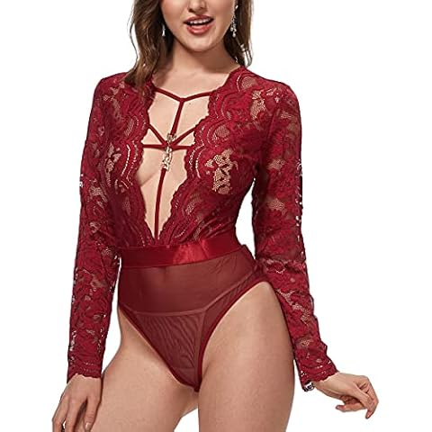 LINGERLOVE Sexy Teddy Lingerie for Woman One Piece Lace Bodysuit Nightwear Long Sleeve Babydoll Deep V Neck Top S-4XL Wine Red Cover
