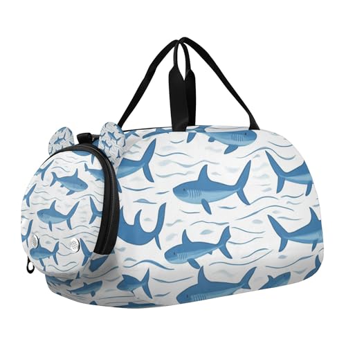 Glaphy Blue Sharks Pattern Duffle Bag for Toddler Boys Girls, Gym Sports Bag with Shoe Compartments, Kids Travel Overnight Weekender Shoulder Bag
